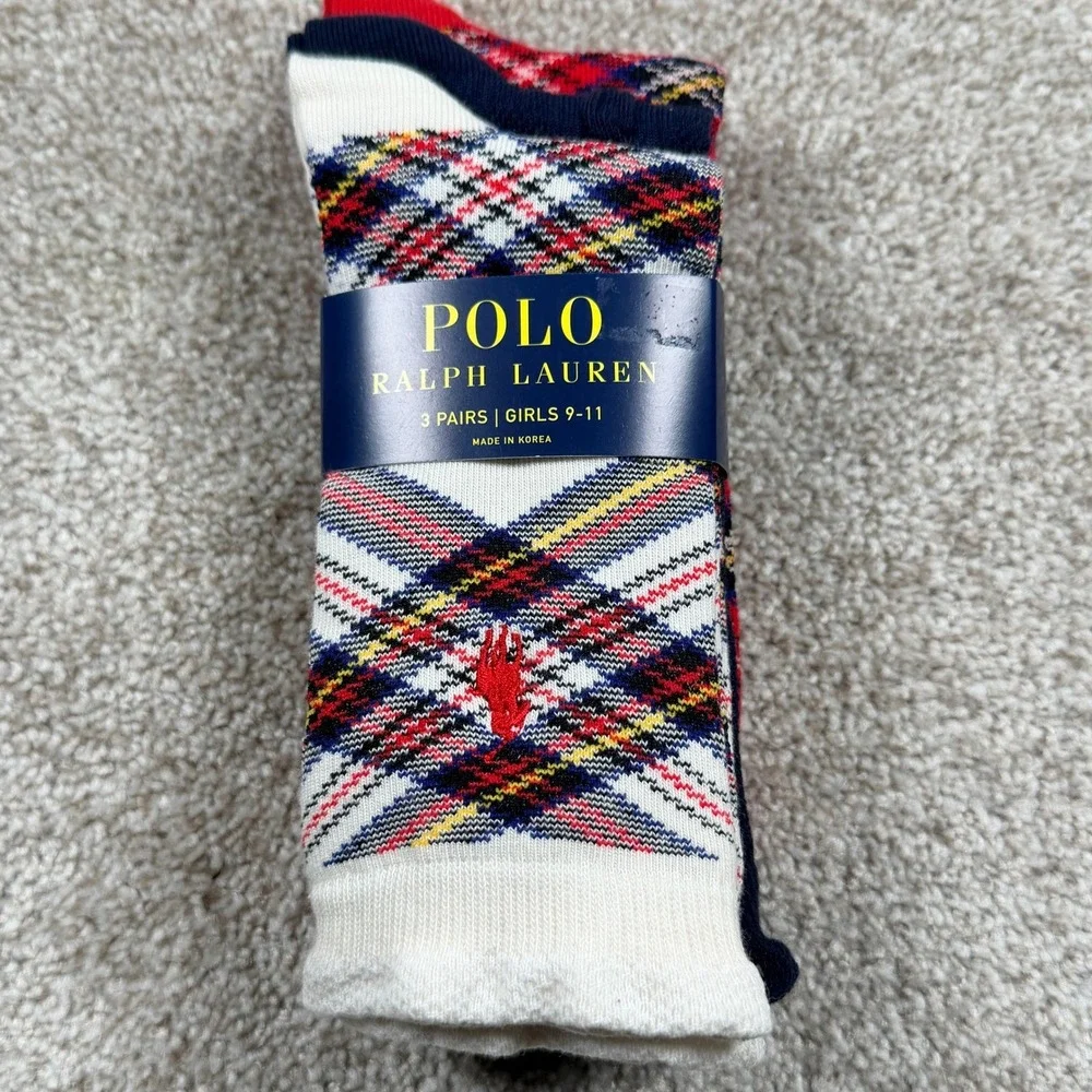 Polo Ralph Lauren Girls 3 Pack Crew Socks Plaid Navy Cable Knit Size 9-11 NEW